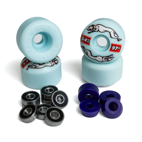 blue offset freestyle skateboard wheels with axle protection abec 7 ball bearings skateboard bushings extra hard with dog graphic