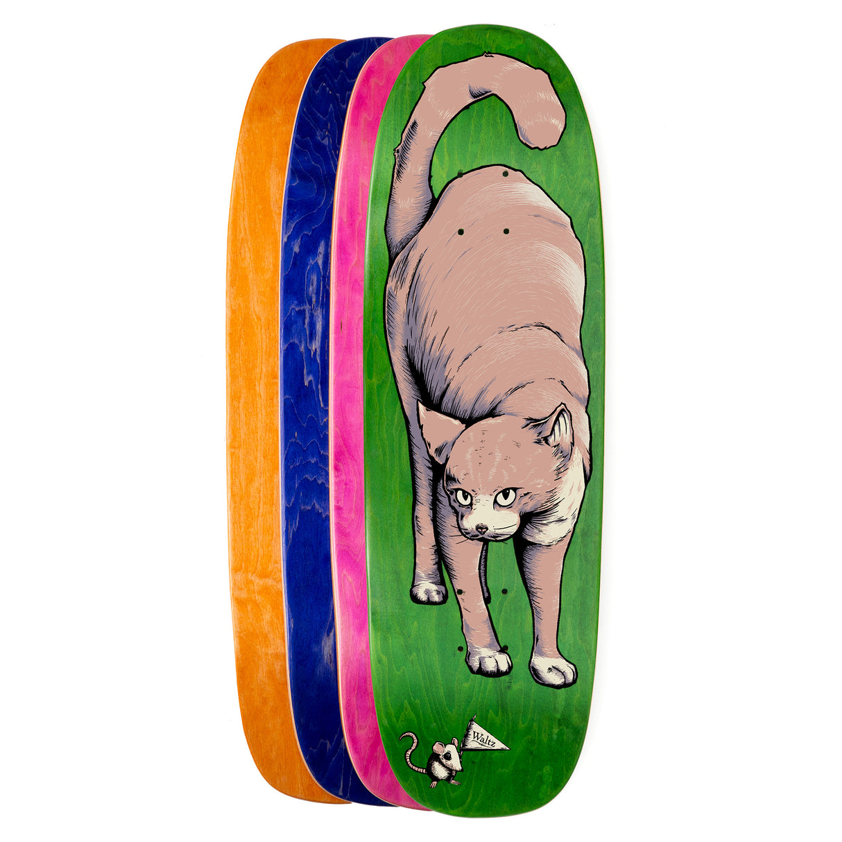 egg shape freestyle skateboard deck waltz deck double kick green pink stain cat mouse orange cat