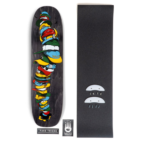 waltz mike osterman black hat freestyle skateboard deck with skid plate and grip tape nose and tail guard hardware stickers colorful dr sues