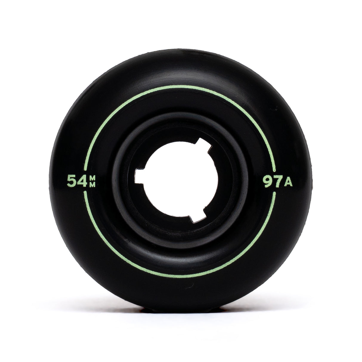 Black skateboard wheel with green text on a white background 54mm 97a freestyle skateboard wheel
