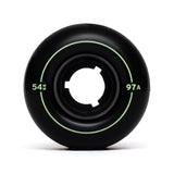 Black skateboard wheel with green text on a white background 54mm 97a freestyle skateboard wheel