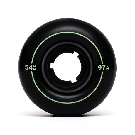 Black skateboard wheel with green text on a white background 54mm 97a freestyle skateboard wheel