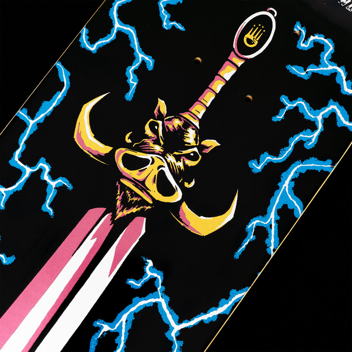 skateboard with sword black deck single kick hand of glory heman conan sword oldschool single kick board flatland flatground freestyle skate mellow concave blue lightening
