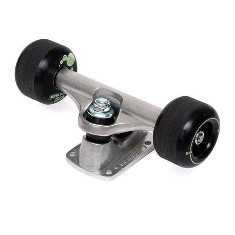 silver skateboard trucks with offset black freestyle wheels by cicada brand and bullet brand green print black bushings