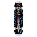 freestyle skateboard complete sword 80s retro heman conan lightening neon single kick spoon nose with skid plates black light metalic pink and yellow
