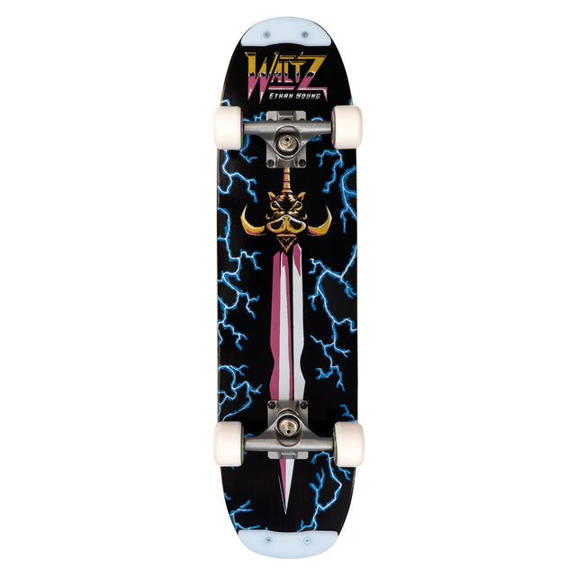 freestyle skateboard complete sword 80s retro heman conan lightening neon single kick spoon nose with skid plates black light metalic pink and yellow
