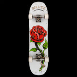 waltz team model 7.4" freestyle skateboard twin tail double kick complete with white wheels skid plates red rose with bugs roaches flies thorns tattoo style comic book oldschool skateboard graphic for caspers double kick