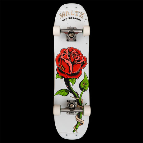 waltz team model 7.4" freestyle skateboard twin tail double kick complete with white wheels skid plates red rose with bugs roaches flies thorns tattoo style comic book oldschool skateboard graphic for caspers double kick