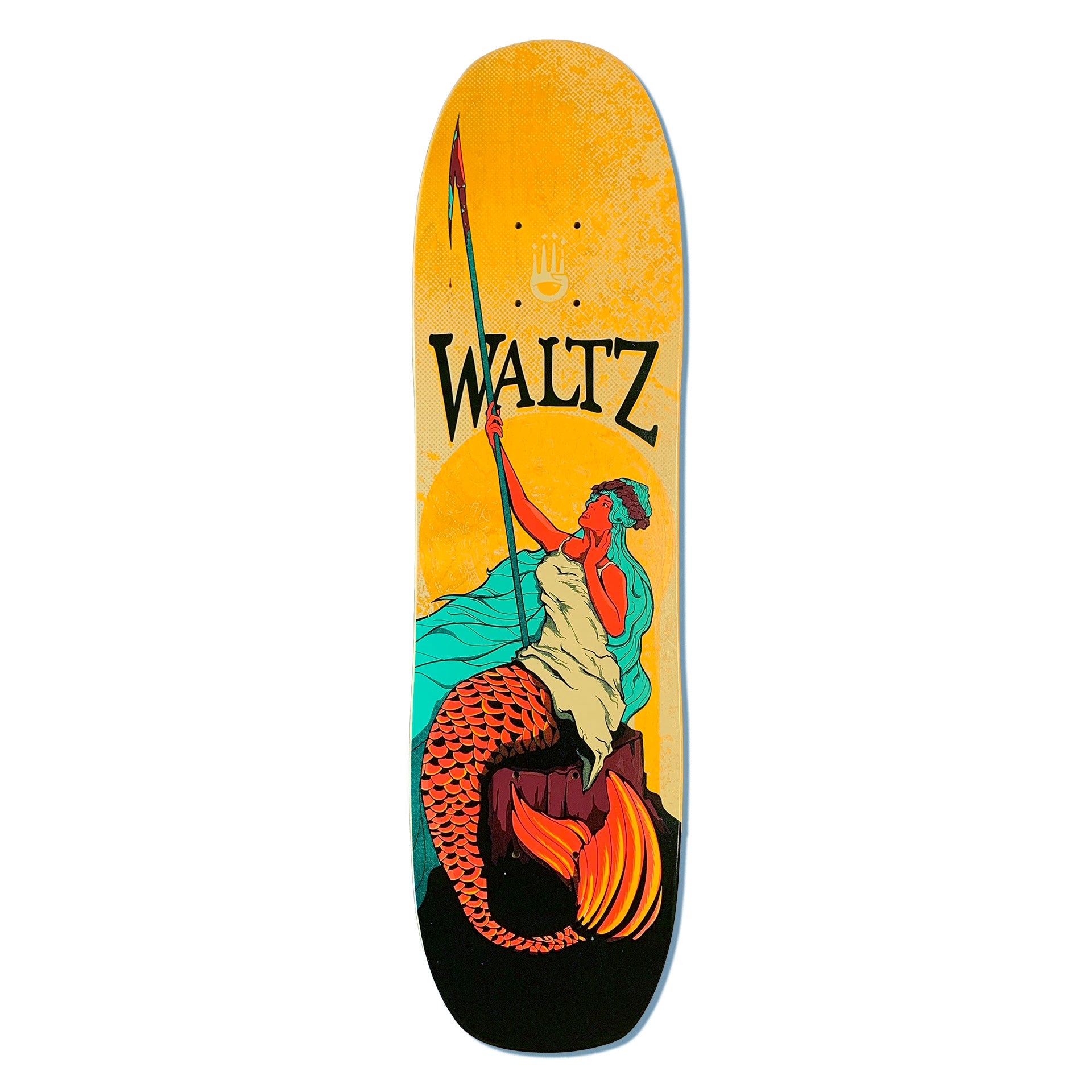 single kick skateboard, mermaid, yellow skateboard deck